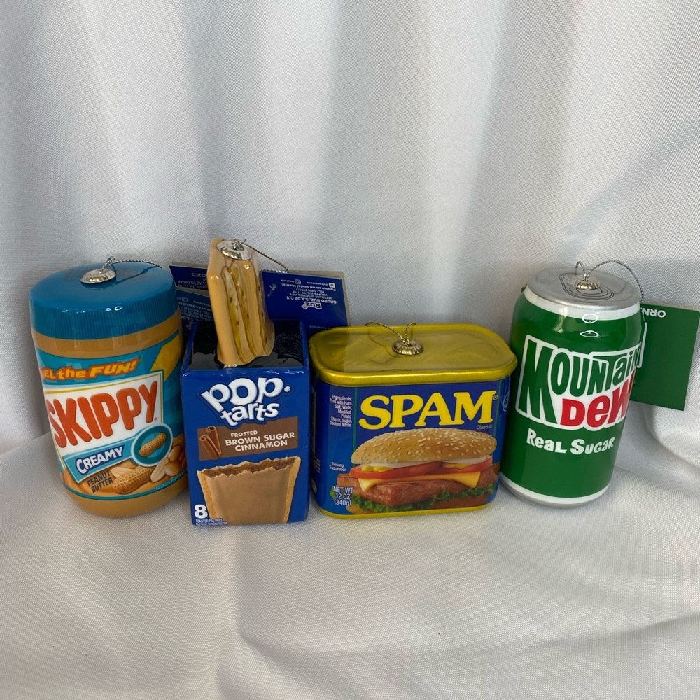 4 Christmas, ornaments, novelty, food, Mountain Dew peanut butter spam pop tarts